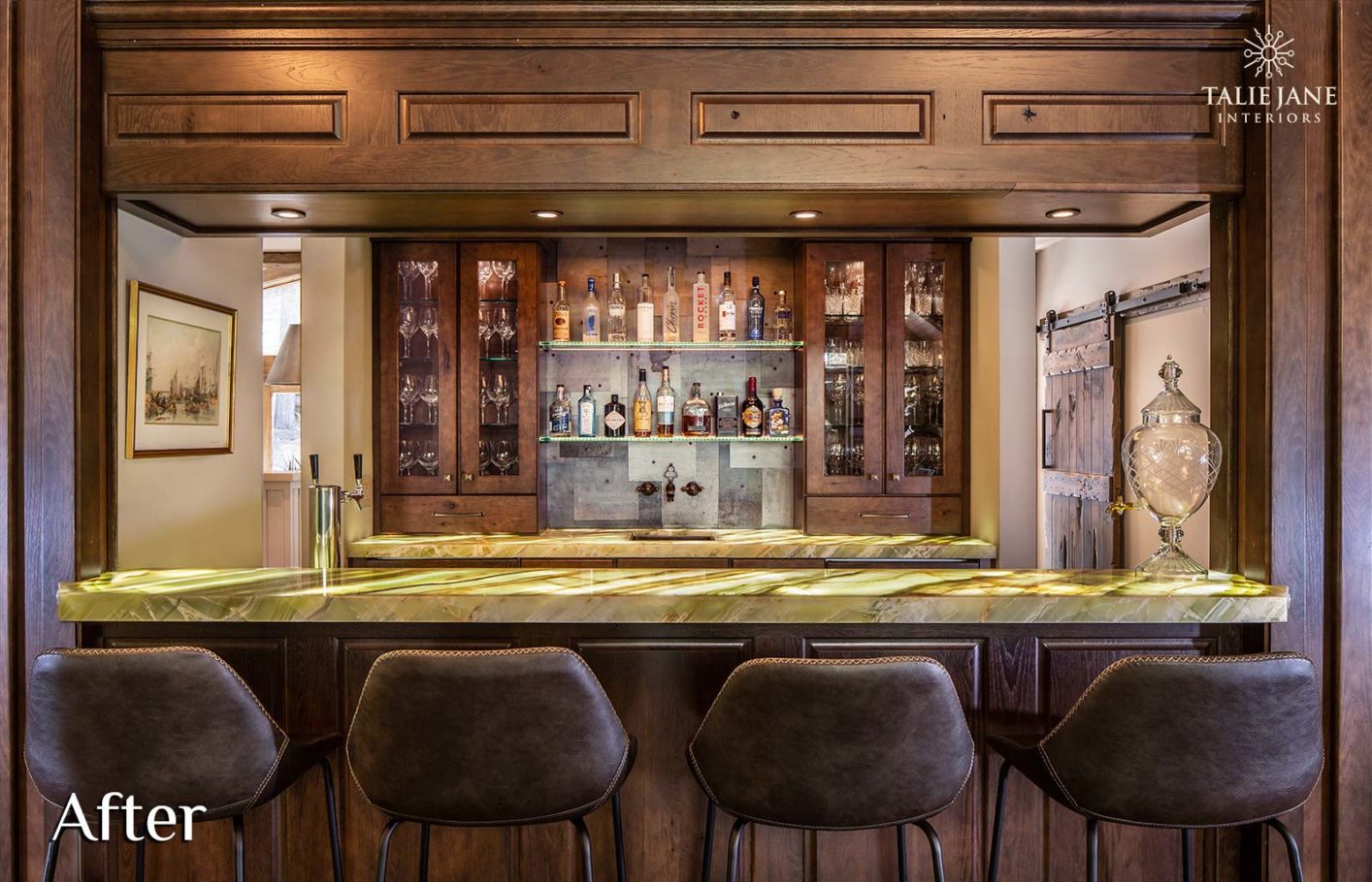 The close-up view of a wet bar with a wooden finish