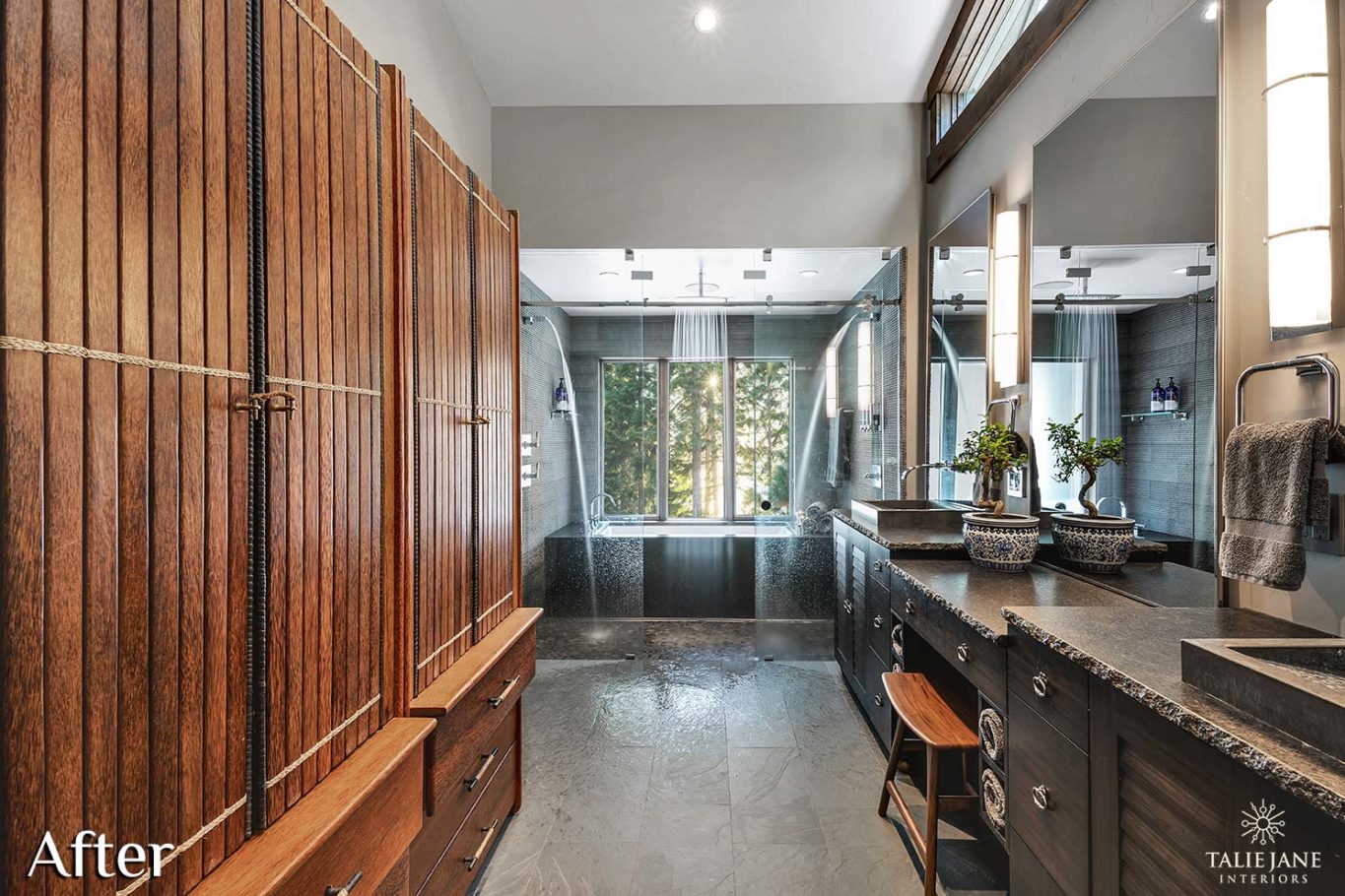 A grand washroom with wooden cabinets and stop tops