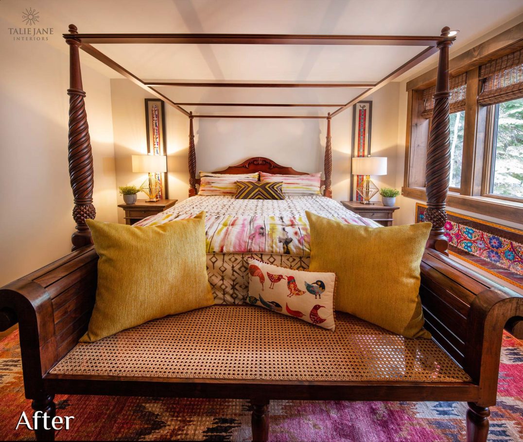 A vibrant vintage wooden bed with colorful pillows and rug