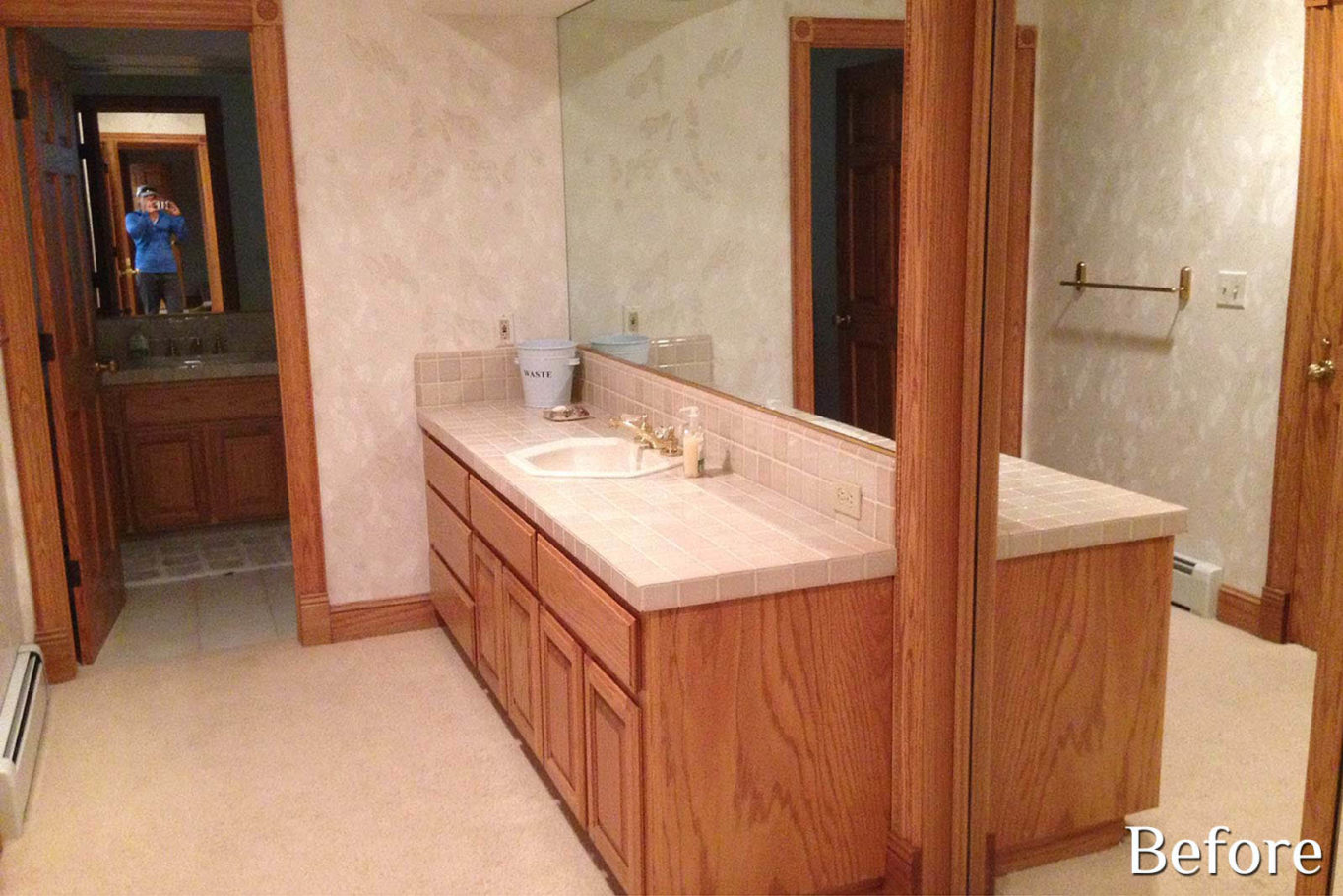 A natural wood bathroom and tile flooring